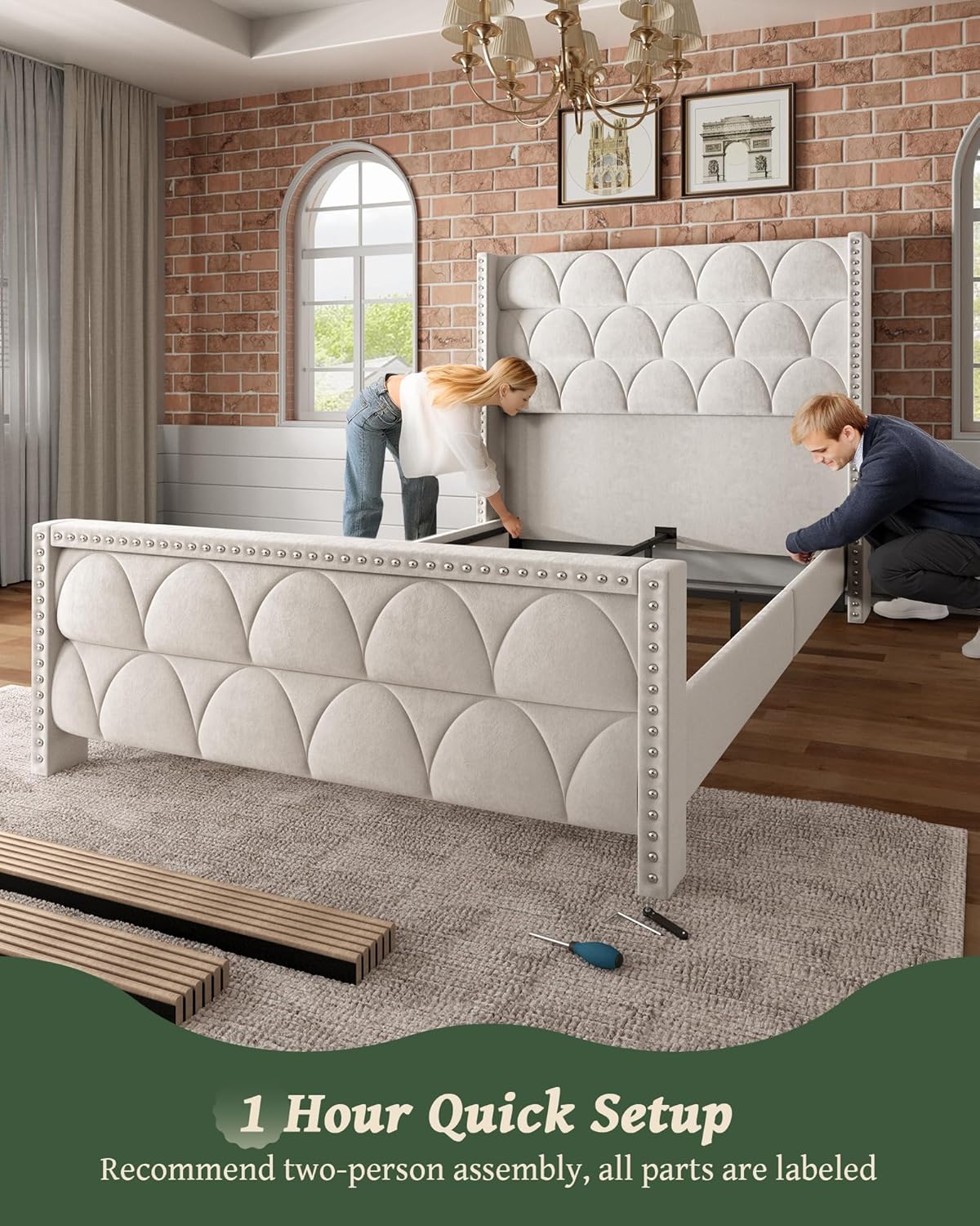 OHOHOLIVE Queen Size Bed Frame with 56' Headboard - 1000LBS Capacity Support, Velvet Upholstered Wingback Platform Bed Frame, Noise Free, Sturdy Wooden Slat Support
