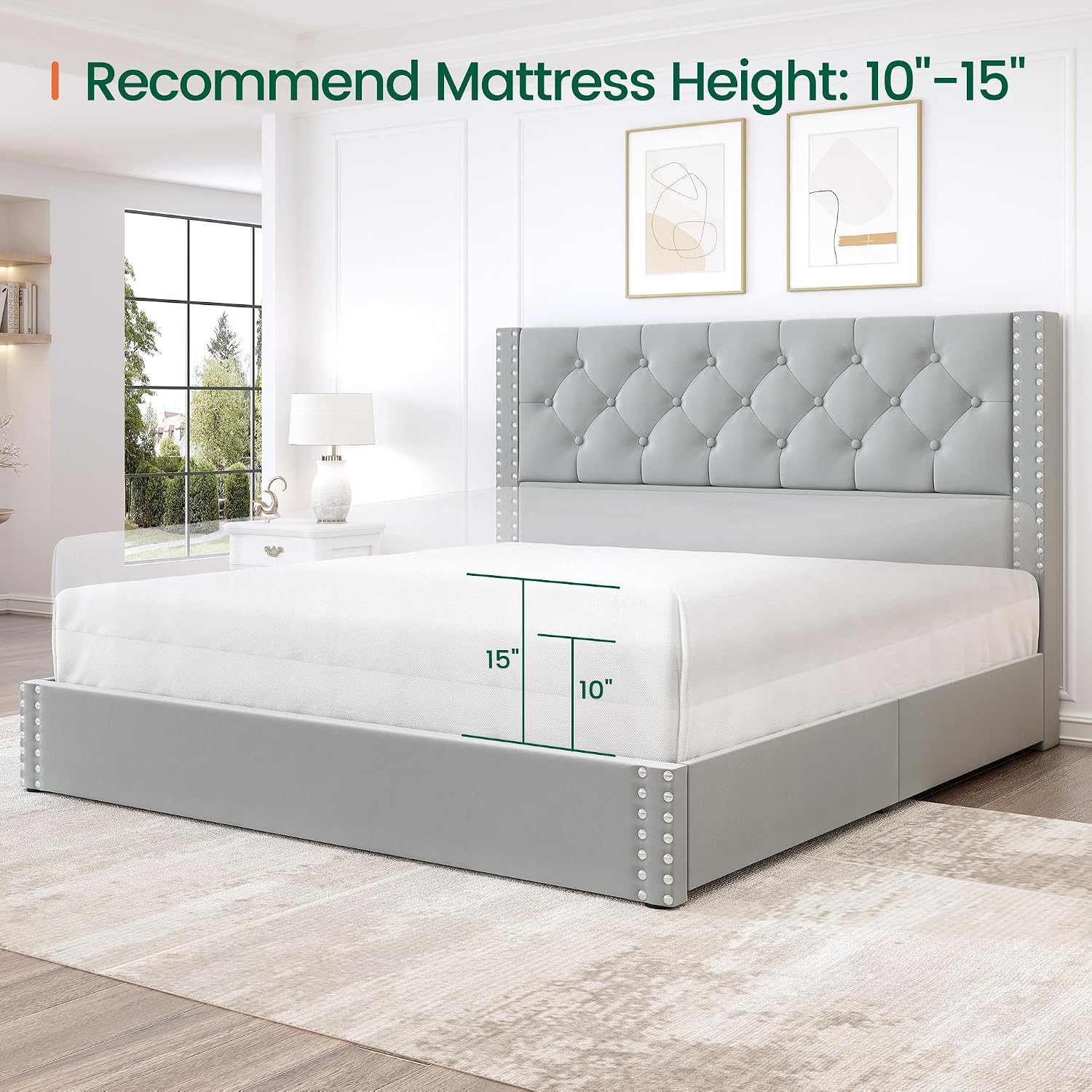 LARMACE Queen Size Bed Frame Upholstered Platform Bed with 4 Storage Drawers and Tufted Headboard Bed Frame with Heavy Duty Wood Slats, No Box Spring Needed, Easy Assembly, Bluish Grey