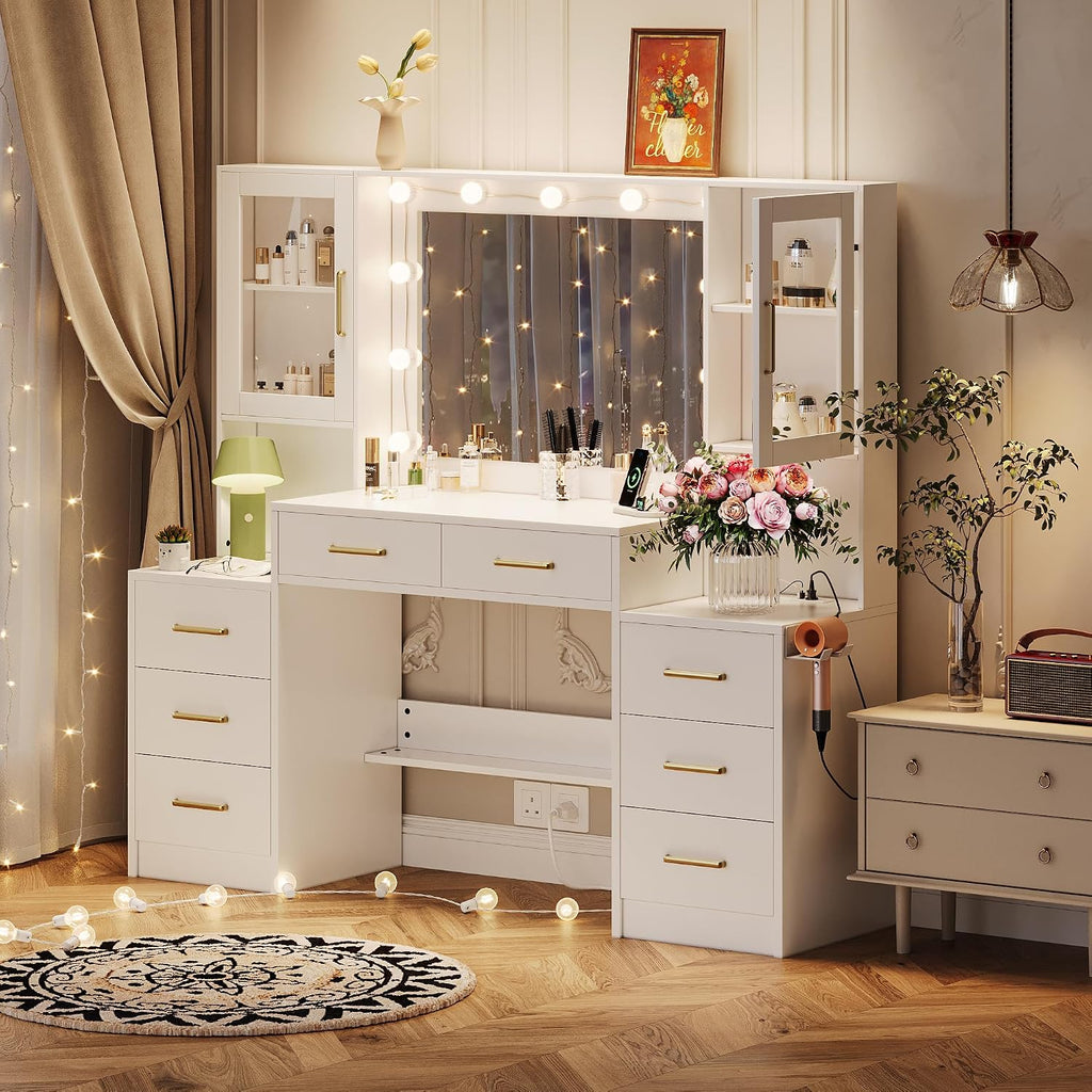 TOKSOM White Vanity Desk with Mirror, Lights & Charging Station, 58' 3 Lighting Modes Makeup Desk with 8 Drawers, 2 Cabinets and Lots Storage, Dressing Table Vanity Set with Lighted Mirror