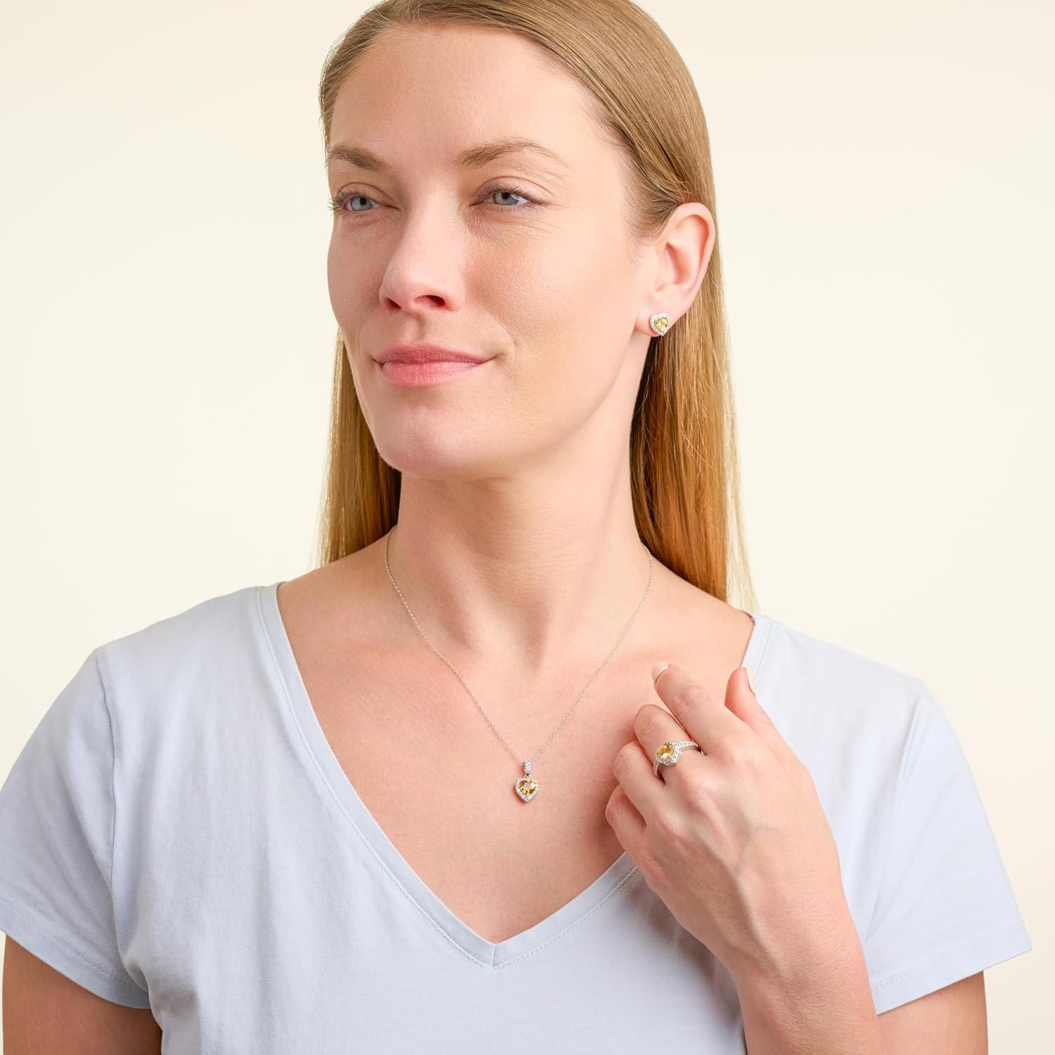MORGAN & PAIGE .925 Sterling Silver Gemstones and White Sapphire Halo Heart Pendant Necklace, Ring and Stud Earrings for Women Set - Birthstone Jewelry Sets for Women, 18in Cable Chain, Size 7 Ring