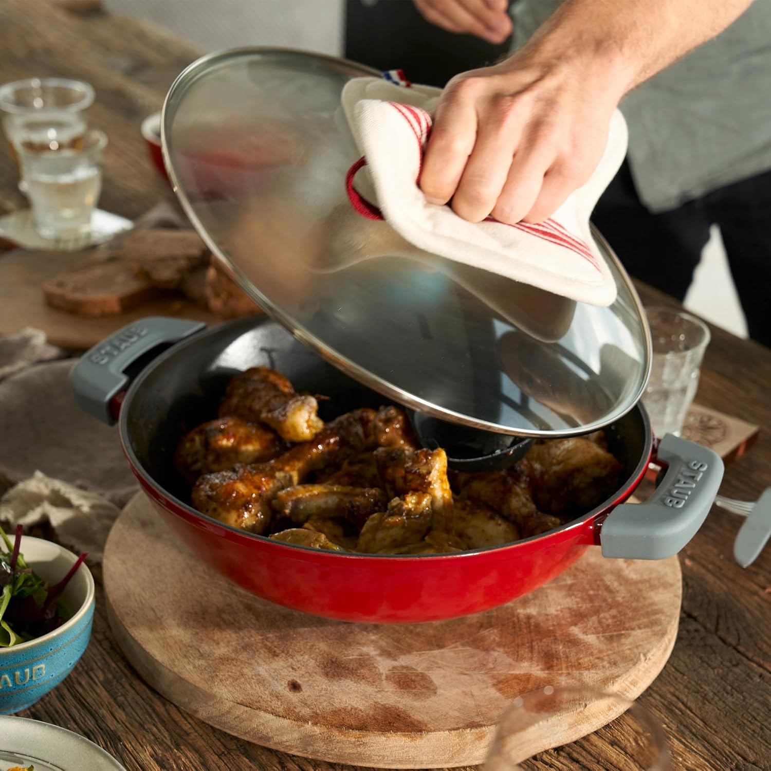 STAUB Cast Iron Perfect Pan, Wok, 4.5-quart, serves 4-5, Made in France, Cherry