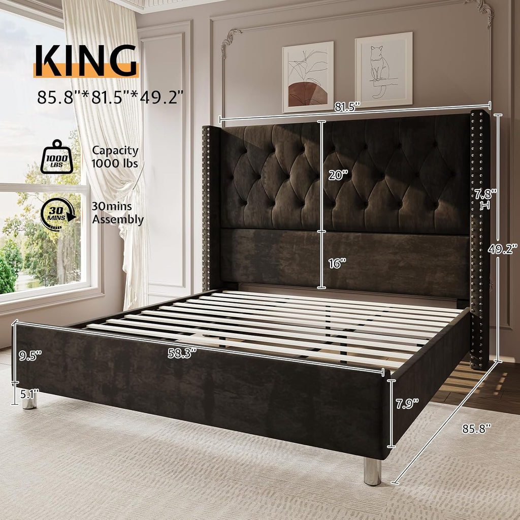 Jocisland Bed Frame King Size Velvet Tufted Upholstered Bed Low Profile Platform Bed Raised Wingback Headboard/Wood Slats Support/No Box Spring Needed/Easy Assembly/Black