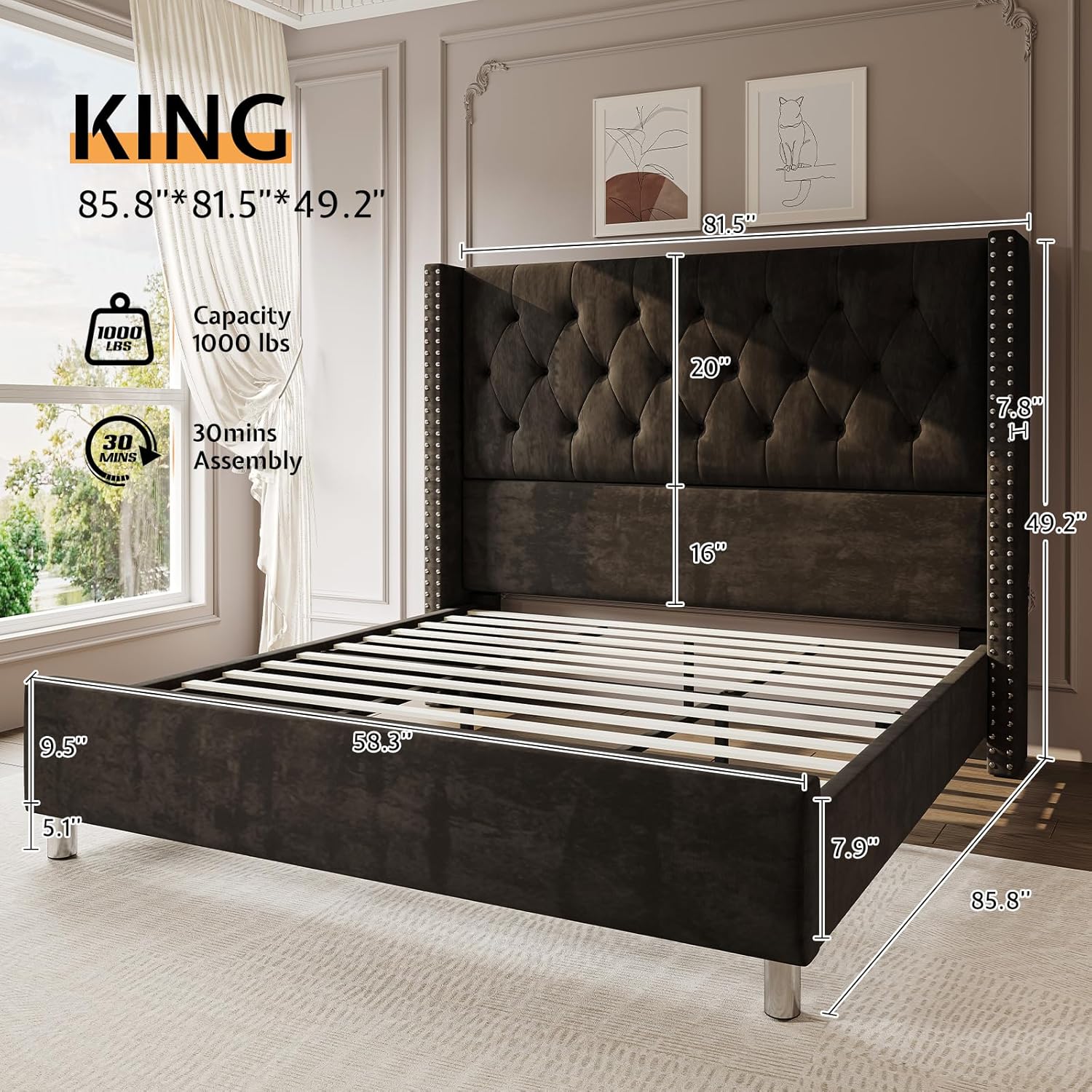 Jocisland Bed Frame King Size Velvet Tufted Upholstered Bed Low Profile Platform Bed Raised Wingback Headboard/Wood Slats Support/No Box Spring Needed/Easy Assembly/Black