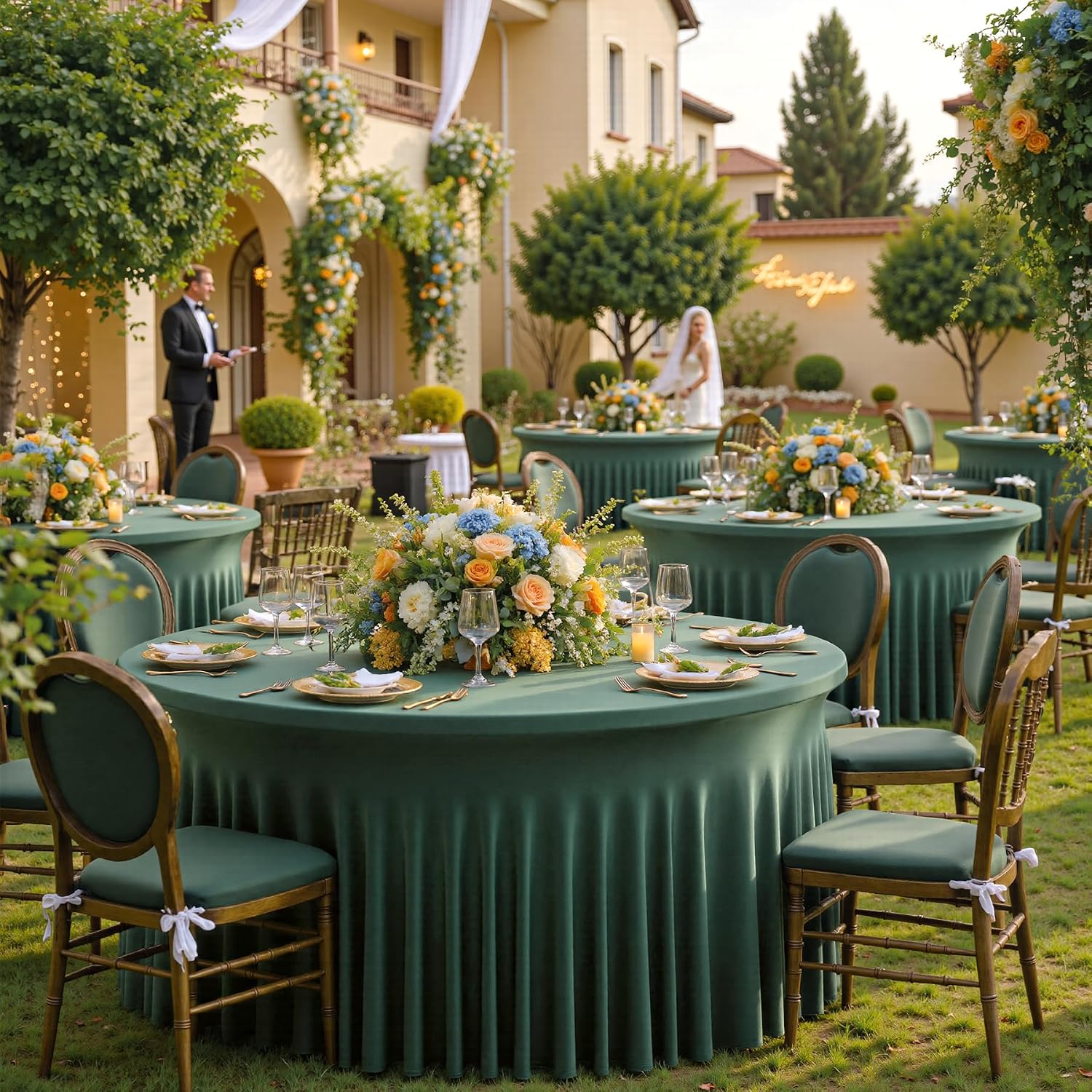 6 pk Hunter Green Round Spandex Tablecloths 60 in with Ruffled Skirt,Wrinkle Free High-Stretch 120 inch Table Cloth Round Fitted 5ft Tables,Spandex Table Covers 5ft for Forest Party Wedding Banquet