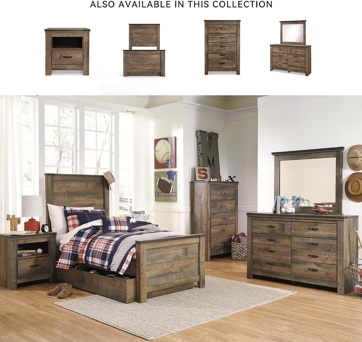 Signature Design by Ashley Trinell Casual Twin Panel Platform Bed with 1 Large Storage Drawer and Nailheads, Foundation or Box Spring Not Needed, Dark Brown