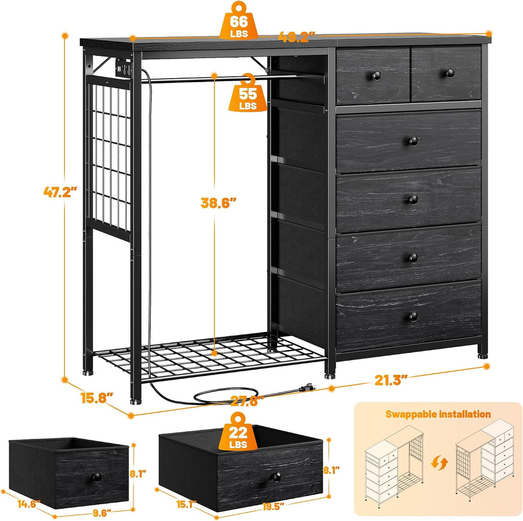 EnHomee 49.2' W Dresser for Bedroom with Hanging Rack 6 Drawers Dresser with LED Lights & Charging Station, Fabric Dressers & Chest of Drawers with 4 Hooks, Wooden Top, Grid Panel, Black