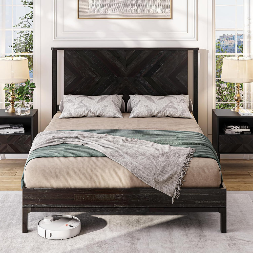 Bme Vivian Queen Bed Frame with Headboard, 14 Inch Deluxe Rustic Scandinavian Style - Solid Acacia Wood - No Box Spring Needed - 12 Strong Wood Slat Support - Easy Assembly - Rustic Black