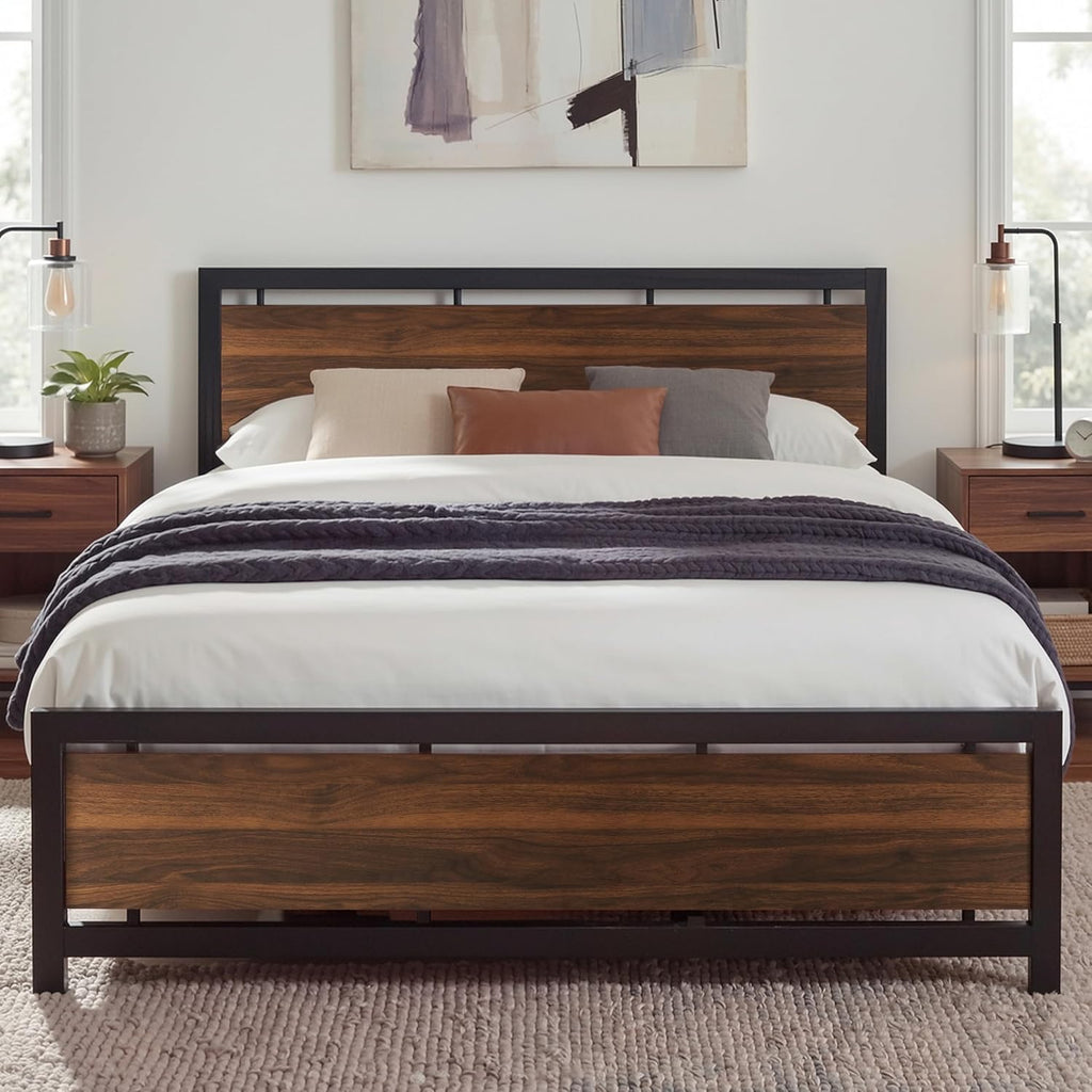 LIKIMIO King Bed Frame with Headboard and Footboard, Metal Strong Supports, Easy Assembly, Noise-Free, No Box Spring Needed, Dark Walnut