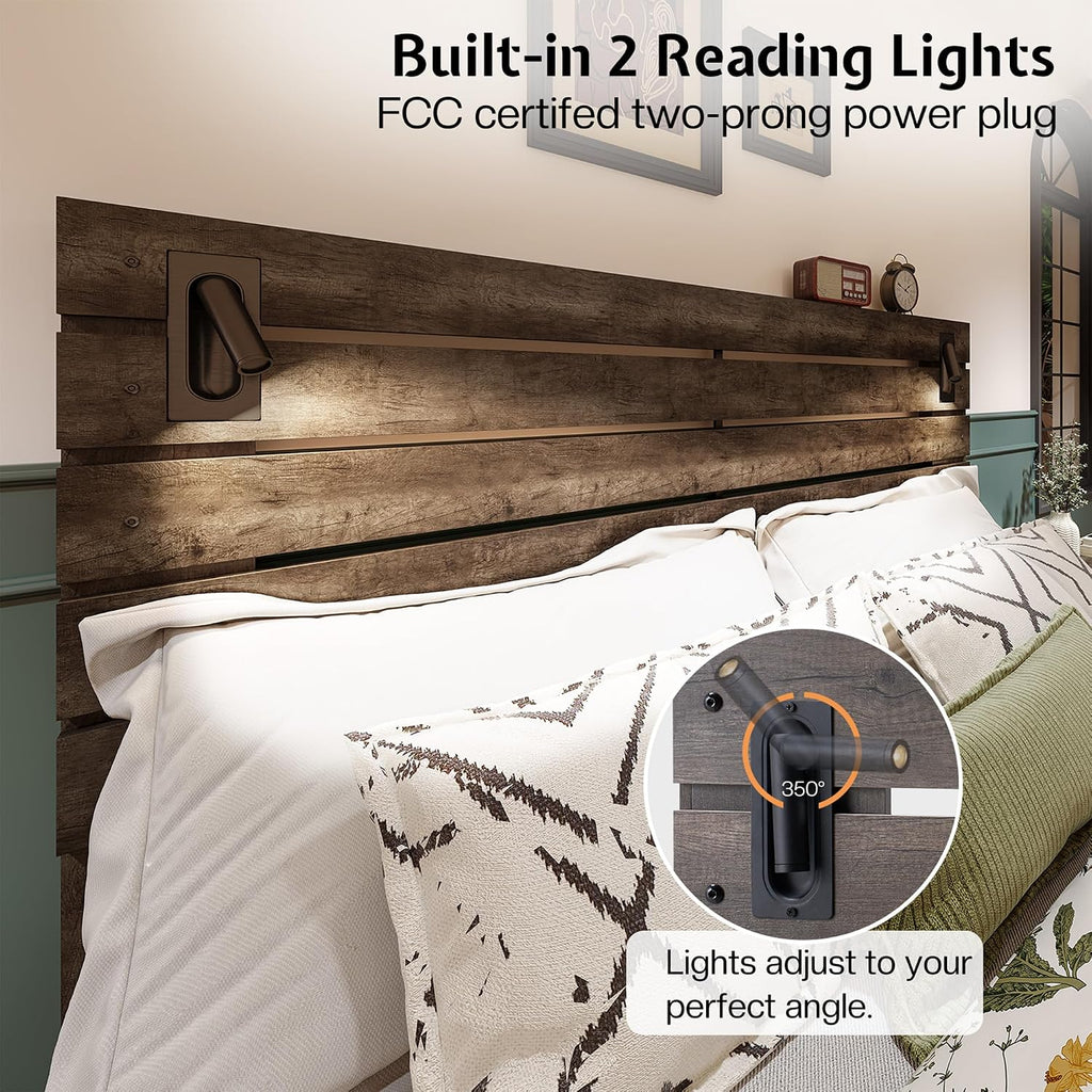 Jocisland King Size Farmhouse Bed Frame with 51' Barn Door Headboard, LED Reading Lights, Platform Bed Frame with Wood Slats, Under Bed Storage Space, Noisy Free, Easy Assembly, Rustic Gray