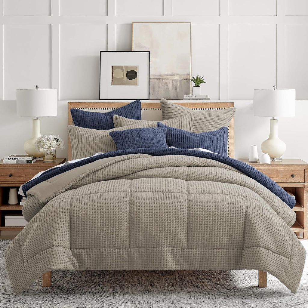 Levtex Home Mills Waffle King/Cal King Comforter Set (106x94in) with 2 Pillow Shams (36x20in) - Beige Fawn - 100% Cotton King Size Comforter Set - Soft, Pre-Washed