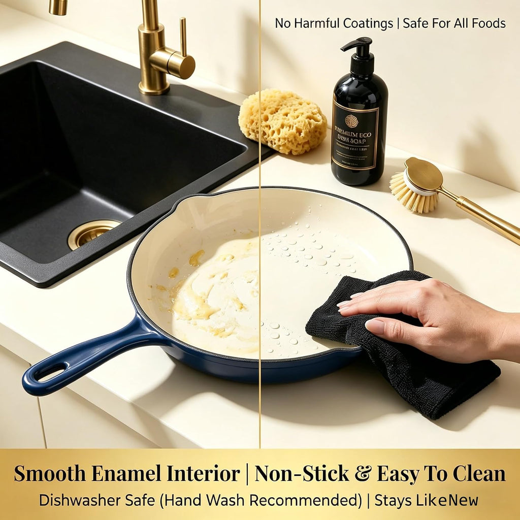 QuliMetal Enameled Cast Iron Cookware Set, 4-Piece Pots and Pans Set with Lids, 10.25' Skillet, 2QT Saucepan, 2.8QT & 4.8QT Dutch Ovens, Oven Safe to 500°F, All Stovetops Compatible - Navy Blue
