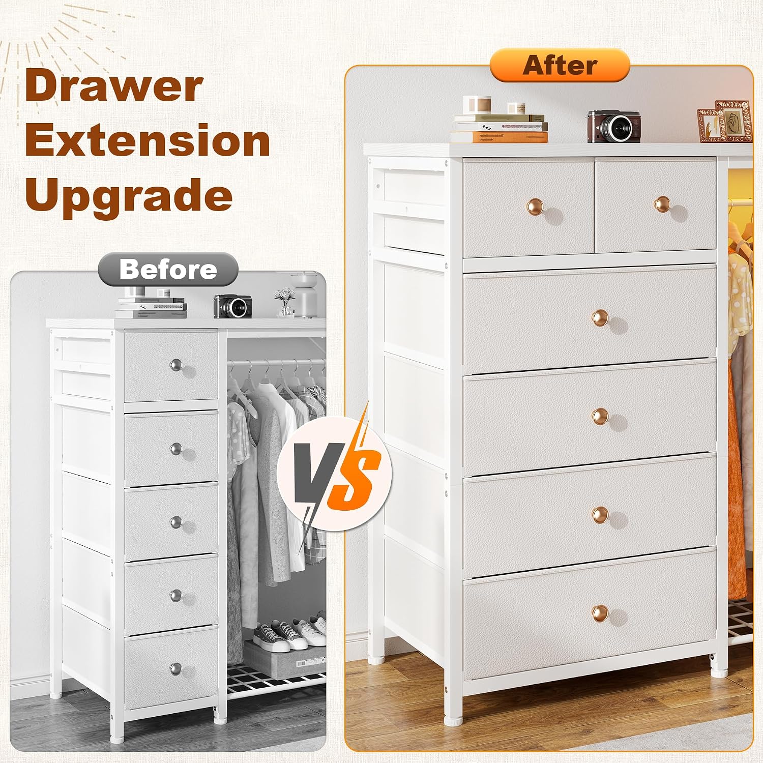 EnHomee 49.2' W Dresser with Hanging Rack & 6 Fabric Drawers for Bedroom, Featuring LED Lights and Charging Station, White Fabric Dressers & Chest of Drawers with Grid Panel & 4 Hooks, Wooden Top