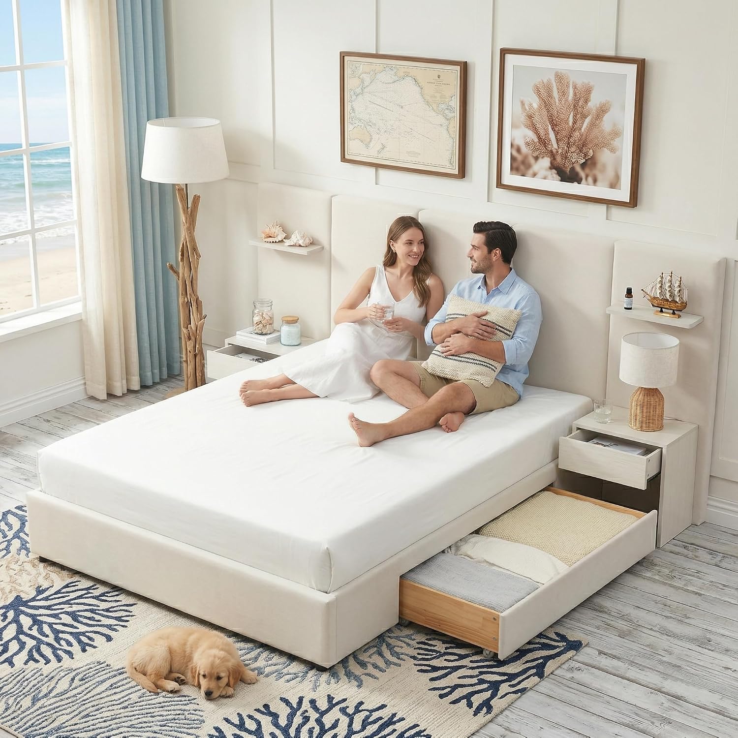 Queen Bed Frame with Storage & Built-in Nightstands, Velvet Upholstered Platform Bed Frame with Drawers & 2 Floating Storage Shelves, Noise-Free, No Box Spring Needed, Easy Assembly, Beige