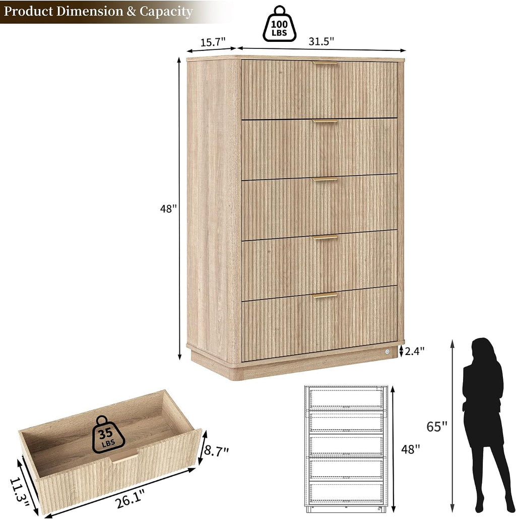 Dresser and Nightstand Sets 3 Piece, Bedroom Set with Charging Station, Large 5 Drawer Dresser for Bedroom and Night Stand Set of 2, Mid Century Modern Bedroom Furniture Set with Motion Sensor Lights