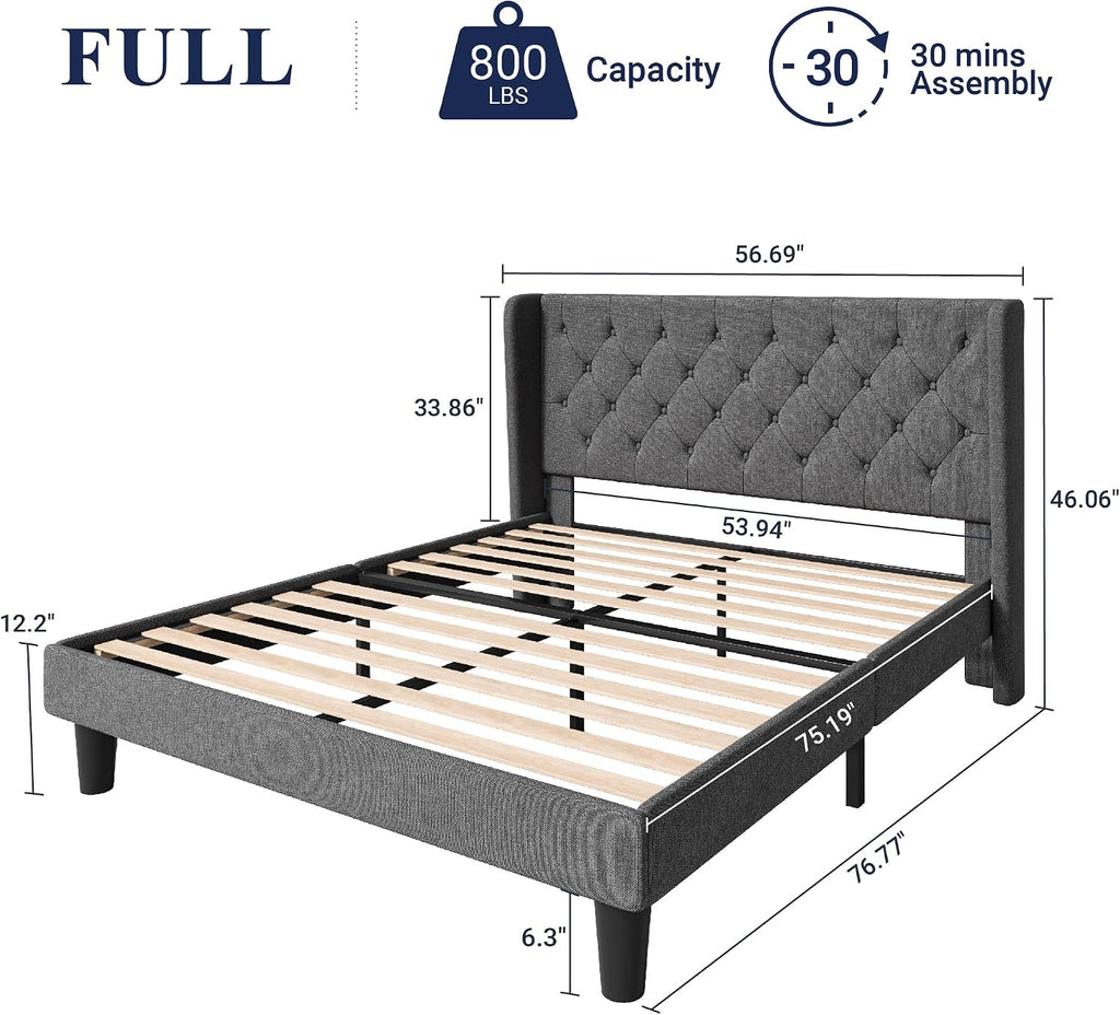 Allewie Full Size Bed Frame with Button Tufted Wingback Headboard, Modern Fabric Upholstered Platform Bed Frame with Strong Wood Slat Support, No Box Spring Needed, Easy Assembly, Dark Grey