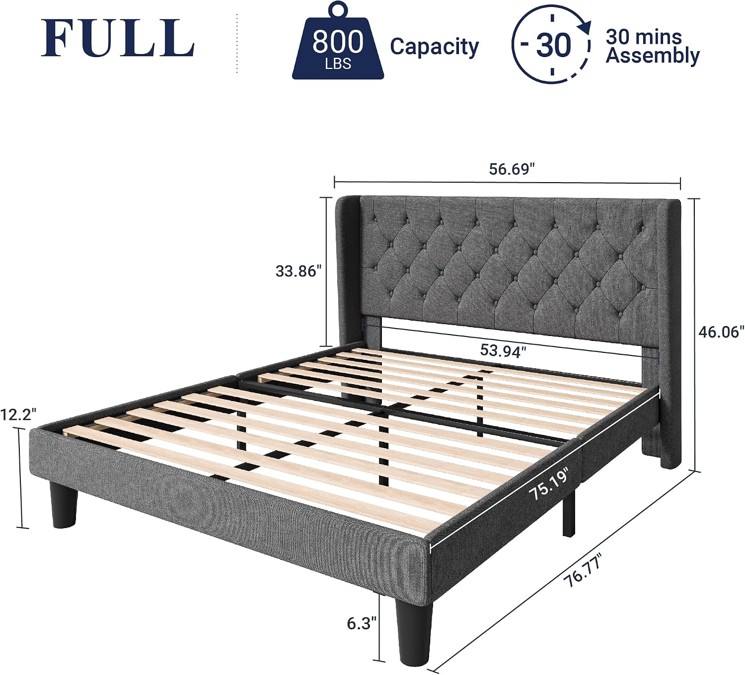 Allewie Full Size Bed Frame with Button Tufted Wingback Headboard, Modern Fabric Upholstered Platform Bed Frame with Strong Wood Slat Support, No Box Spring Needed, Easy Assembly, Dark Grey