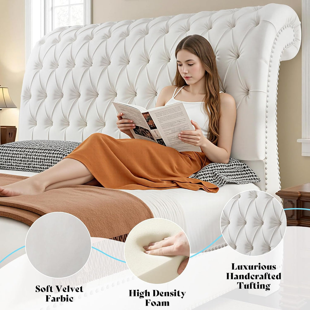 AMERLIFE 55' Tall Sleigh Bed Frame with Scroll Headboard & Footboard, Velvet Upholstered Platform Bed with Deep Button Tufted, Solid Wood Legs, No Box Spring Needed, White, Queen
