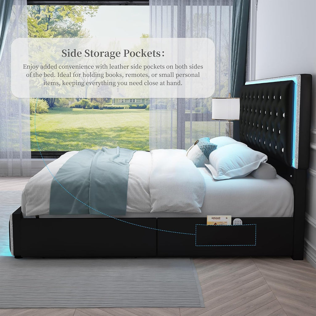 SIBEDS Queen LED Bed Frame with 2 Drawers, Storage Platform Beds with Upholstered Crystal Button Tufted Headboard Footboard, 2 Side Pockets, No Box Spring Needed, PU Black