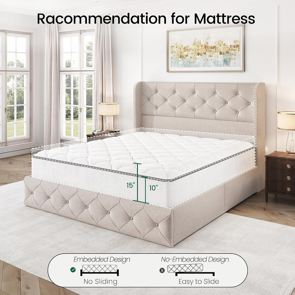 LARMACE Full Size Bed Frame with 4 Storage Drawers and Wingback Headboard Linen Upholstered Platform Bed Frame Tufted Beds with Wooden Slats Support, Easy Assembly, Beige