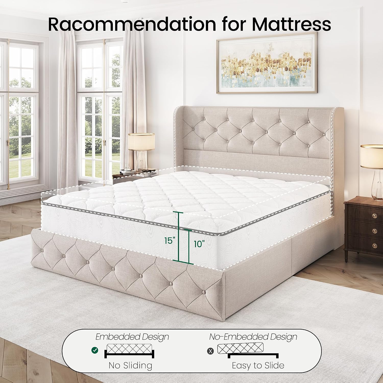 LARMACE Full Size Bed Frame with 4 Storage Drawers and Wingback Headboard Linen Upholstered Platform Bed Frame Tufted Beds with Wooden Slats Support, Easy Assembly, Beige