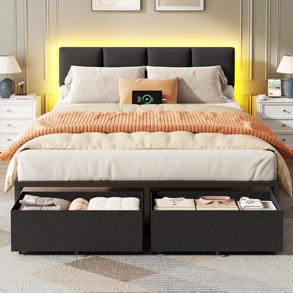 Furnulem Queen Bed Frame with Charging Station and LED Lights, Upholstered Headboard, Metal Platform Bed with 2 Fabric Storage Drawers, Noise Free, No Box Spring Needed, Gery