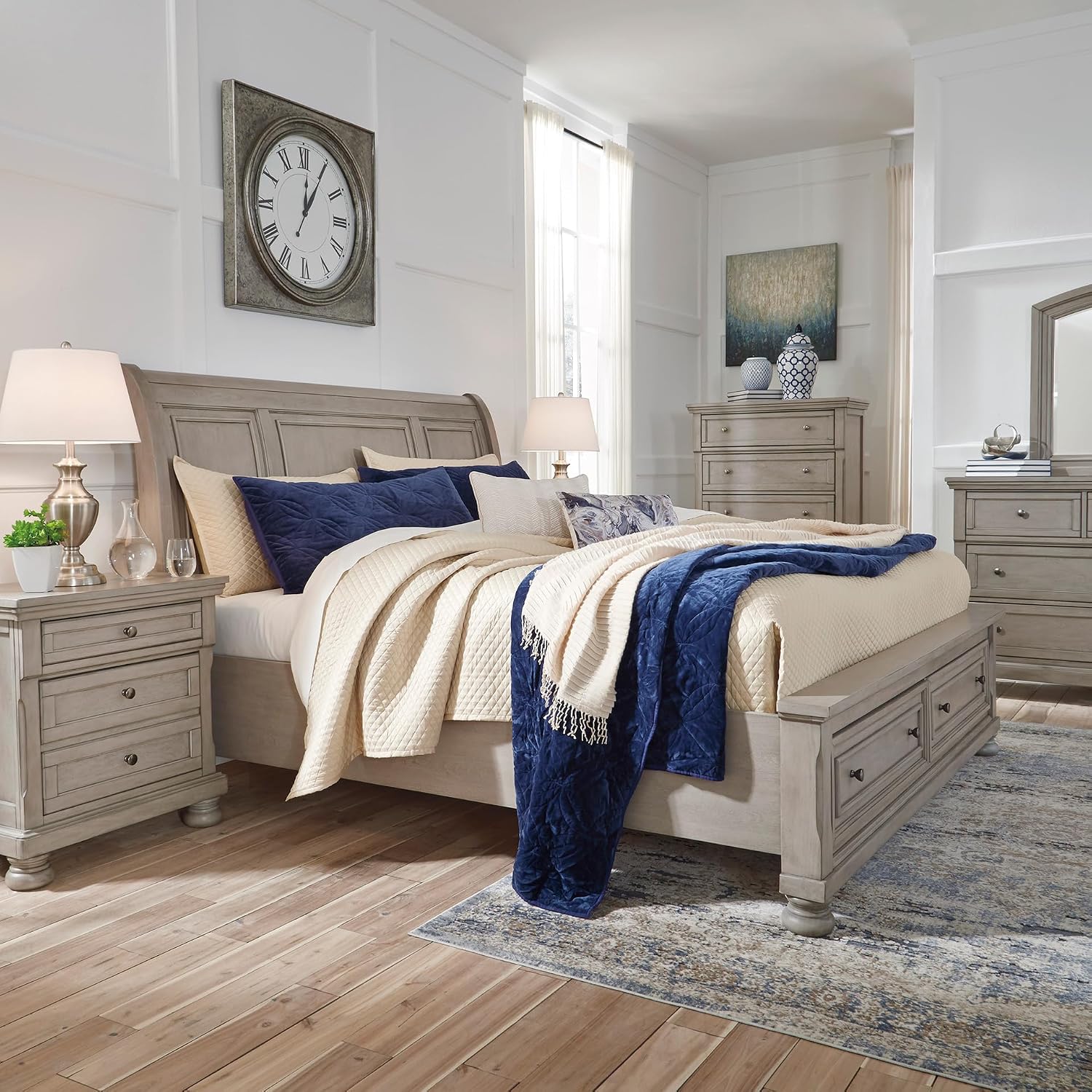 Signature Design by Ashley Lettner Traditional King Sleigh Platform Bed with 2 Drawers, Foundation or Box Spring Not Needed, Light Gray