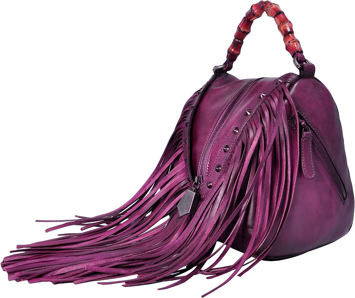 ZLYC Women's Leather Bamboo Hand Strap Featured Fringe Bohemian Tassel Studed Cross Body Bag