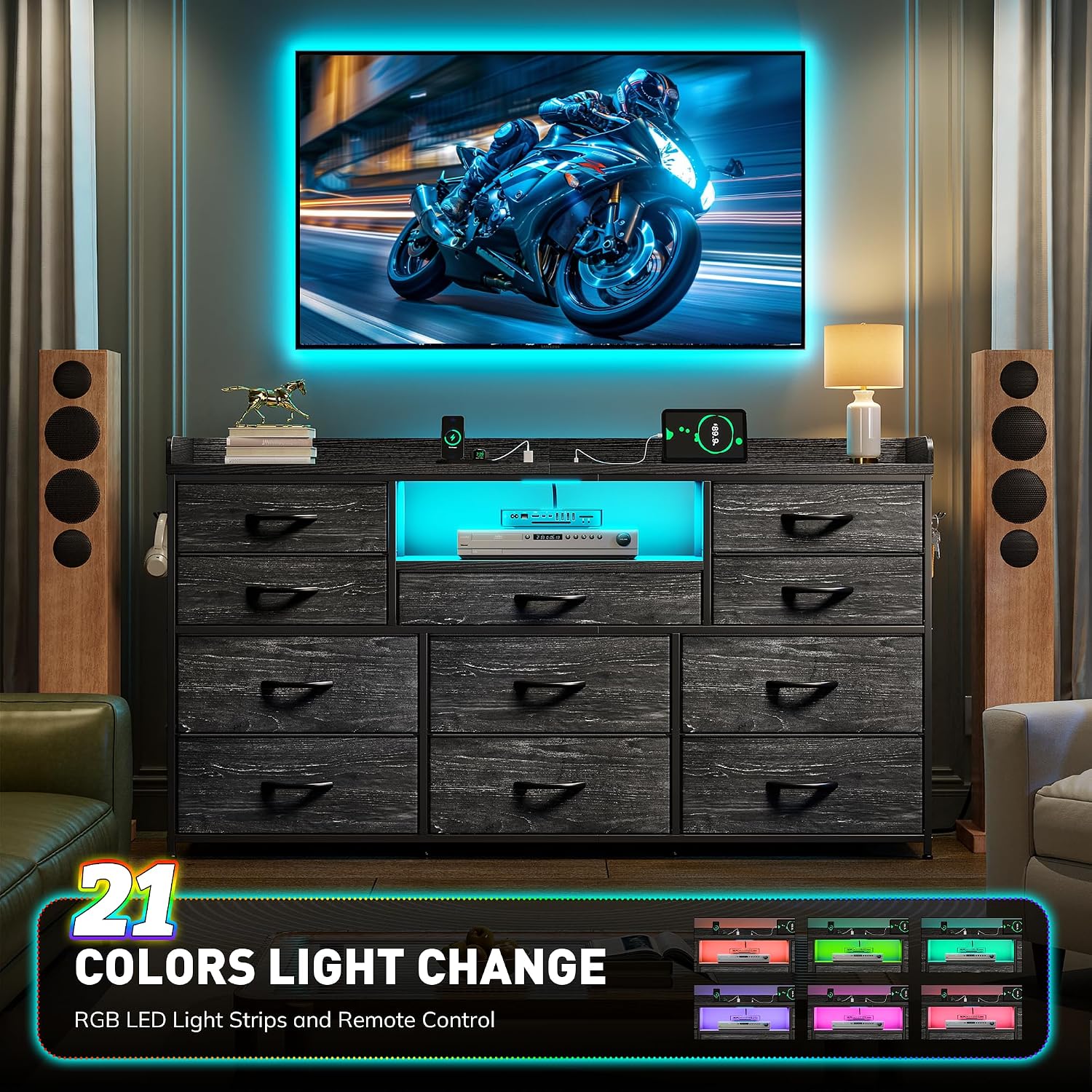 Black Dresser for Bedroom with LED Lights & Charging Station & 4 Hooks 11 Drawer Dressers & Chests of Drawers Long Fabric Dresser TV Stand for 50 55 60 inch TV for Entryway 11.8'D x 47.2'W x 31.5'H
