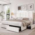 LARMACE Queen Size Bed Frame with 4 Storage Drawers and Wingback Headboard Linen Upholstered Platform Bed Frame with Wooden Slats, Easy Assembly, White