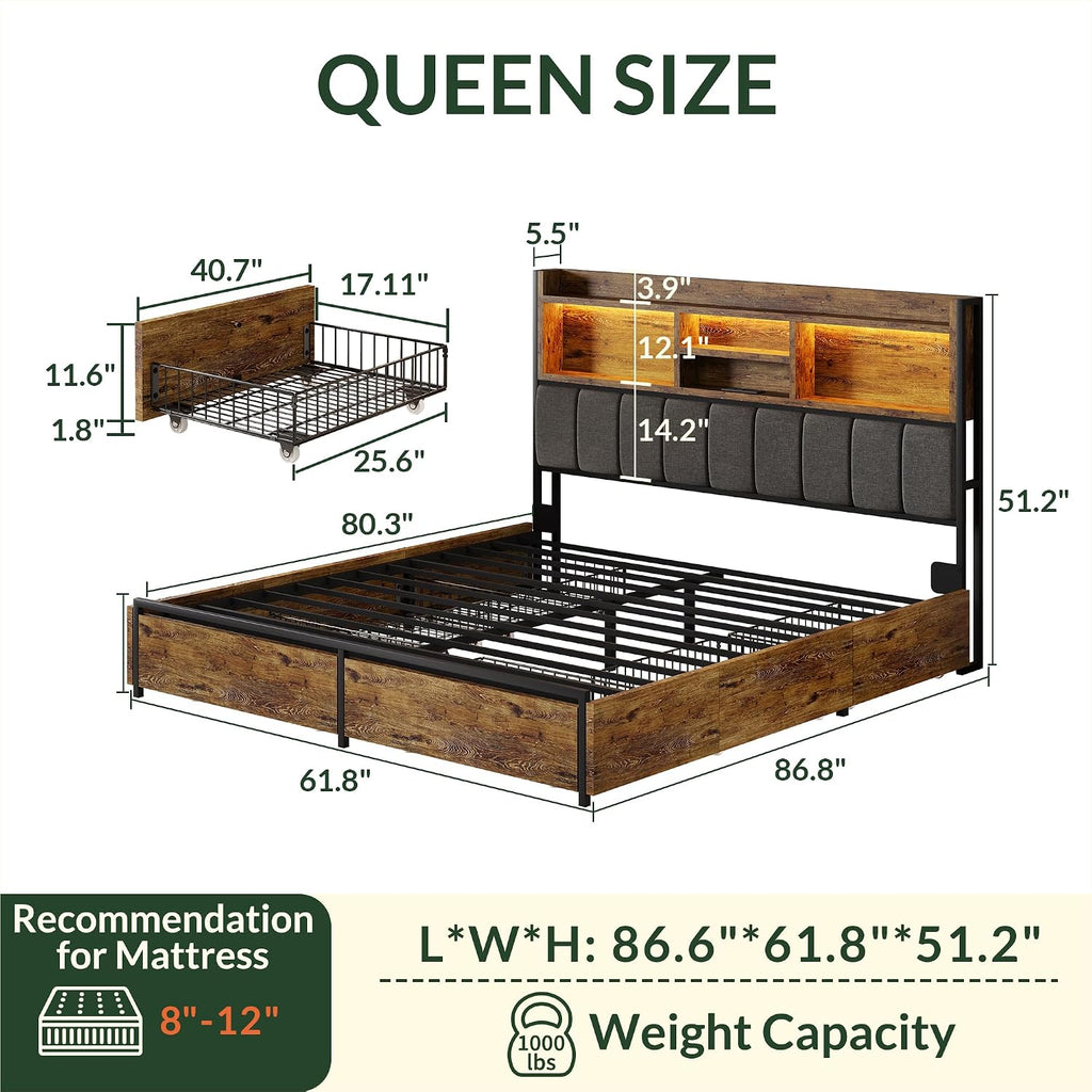 LARMACE Queen Bed Frame with 6 Storage Drawers, Bed Frame Queen Size with Linen Upholstered Headboard, Built in Charging Station and LED, No Noise, Metal Support, No Box Spring Needed,Vintage Brown