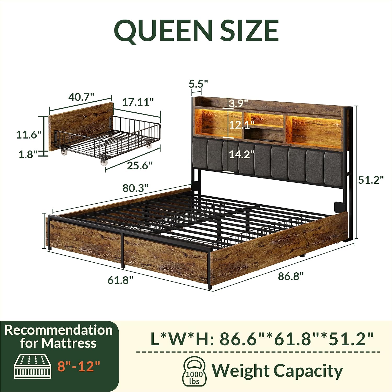 LARMACE Queen Bed Frame with 6 Storage Drawers, Bed Frame Queen Size with Linen Upholstered Headboard, Built in Charging Station and LED, No Noise, Metal Support, No Box Spring Needed,Vintage Brown