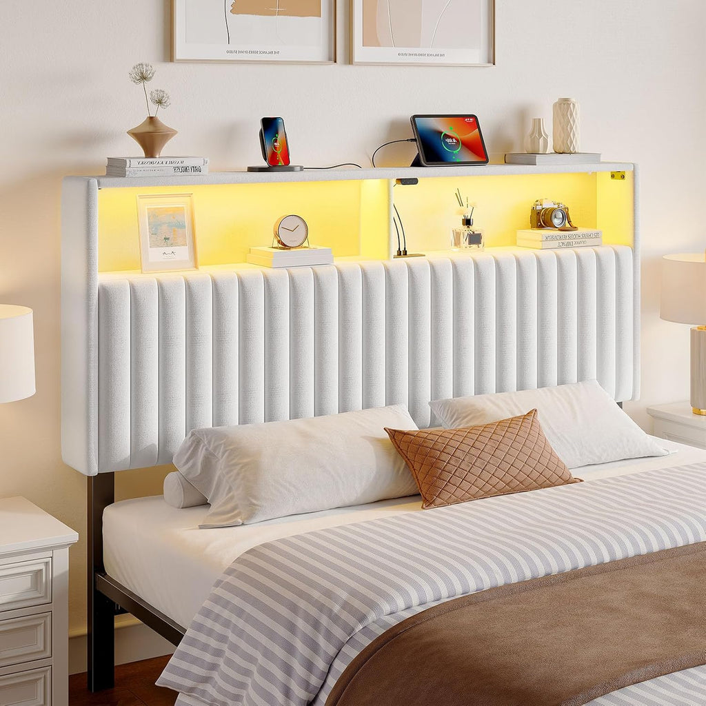 Rolanstar Headboard for Queen Size Bed with Storage, 60,000 DIY Color of LED Light, Head Board with USB & Type C Port, Height Adjustable, Velvet Upholstered, Comfortable Modern, Light White