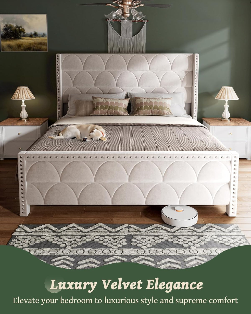 OHOHOLIVE King Size Bed Frame with 56' Headboard - 1000LBS Capacity Support, Velvet Upholstered Wingback Platform Bed Frame, Noise Free, Sturdy Wooden Slat Support