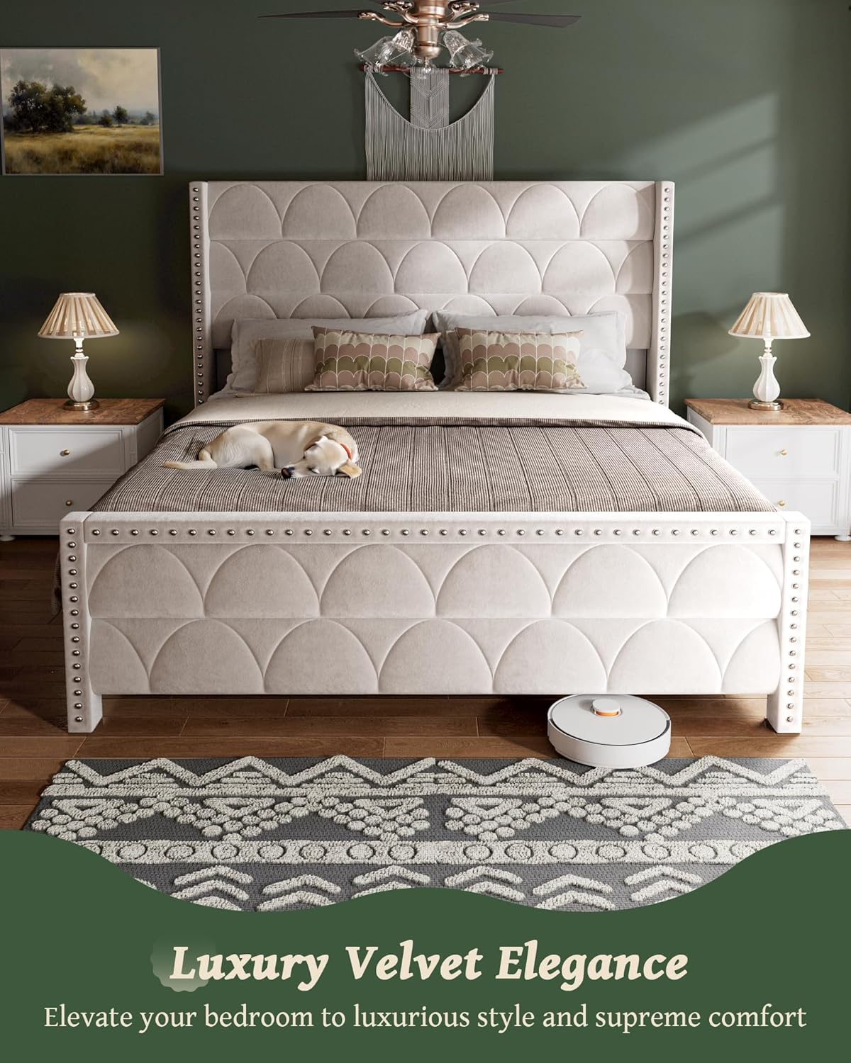 OHOHOLIVE King Size Bed Frame with 56' Headboard - 1000LBS Capacity Support, Velvet Upholstered Wingback Platform Bed Frame, Noise Free, Sturdy Wooden Slat Support
