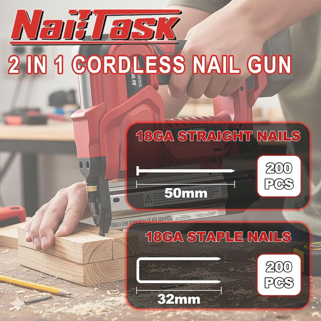 20V 18 Gauge Cordless Nail Gun Safety Pin 2 Inch Power Brad Nailer with 18GA Machine Electric Staple 2 in 1 Gun Nails Kit for Wood Upholstery DIY Framing Home Improvement (No Battery)