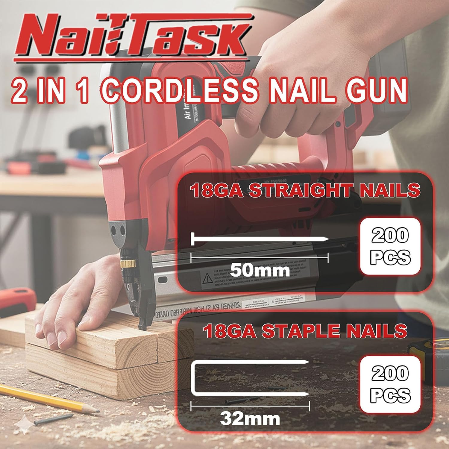 20V 18 Gauge Cordless Nail Gun Safety Pin 2 Inch Power Brad Nailer with 18GA Machine Electric Staple 2 in 1 Gun Nails Kit for Wood Upholstery DIY Framing Home Improvement (No Battery)