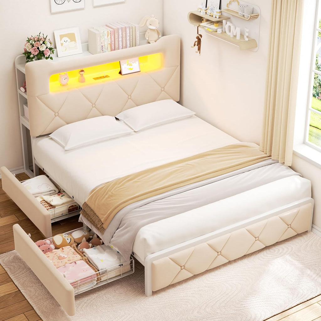 Full Upholstered LED Bed Frame with 2 Storage Drawers and 2-Tier Storage Headboard, Velvet Princess Platform Bed with Charging Station & Bookcase, Corner Bed Frame, Heavy Duty Metal Support, Beige