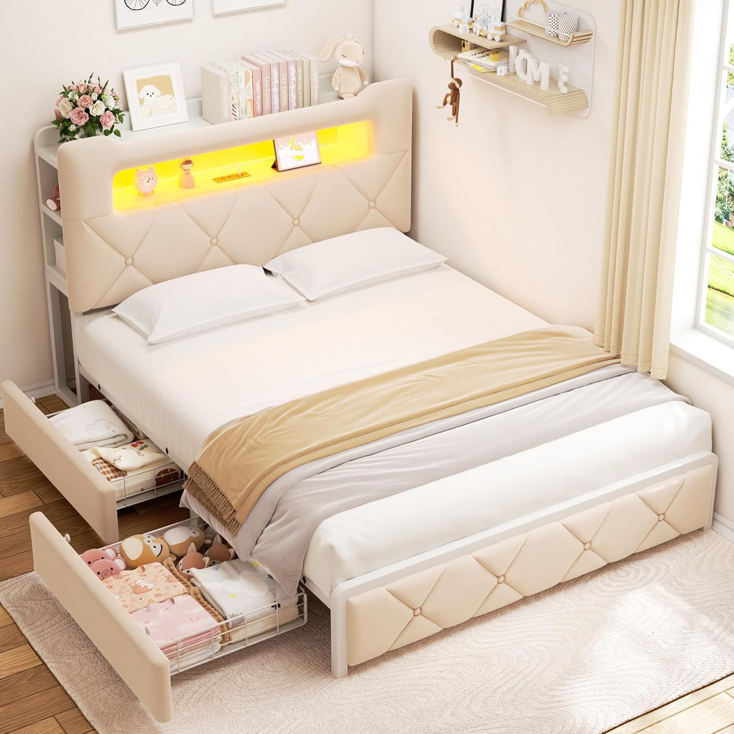 Queen Upholstered LED Bed Frame with 2 Storage Drawers and 2-Tier Storage Headboard,Velvet Princess Platform Bed with Charging Station & Bookcase, Corner Bed Frame, Heavy Duty Metal Support, Beige