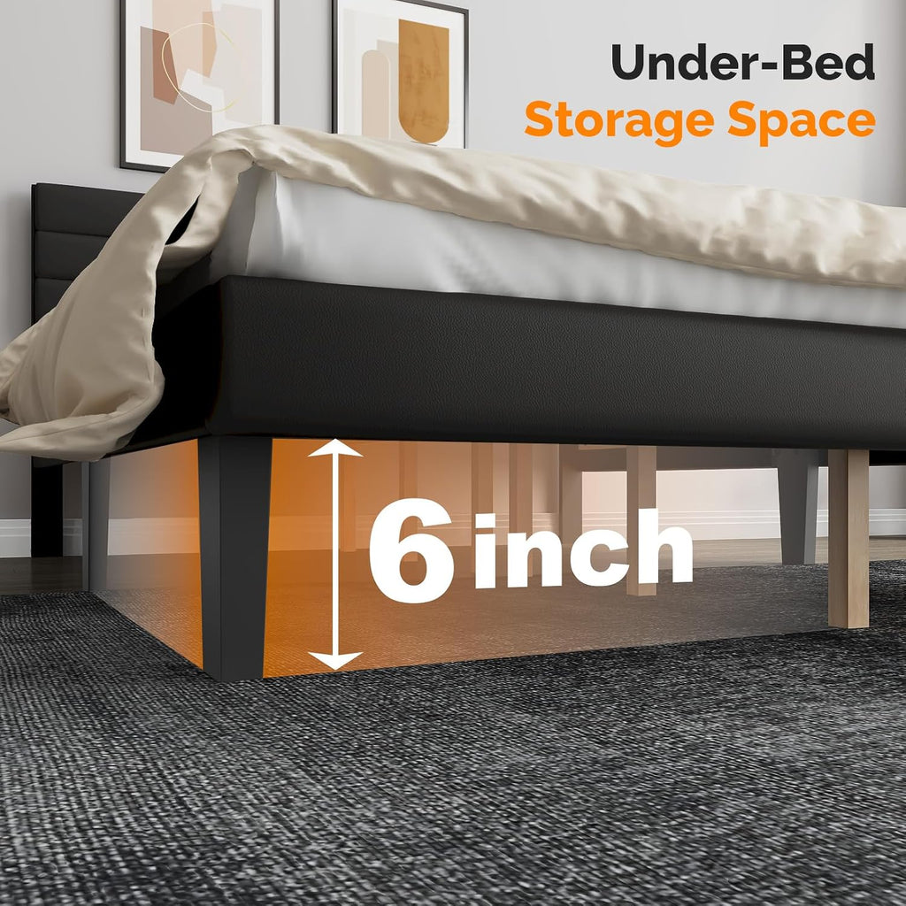 VINGLI Upholstered Bed Frame Queen, Faux Leather Platform Bed with Adjustable Headboard, Wood Mattress Foundation with Heavy Duty Slats Support,Luxury Modern,No Box Spring Needed, Black