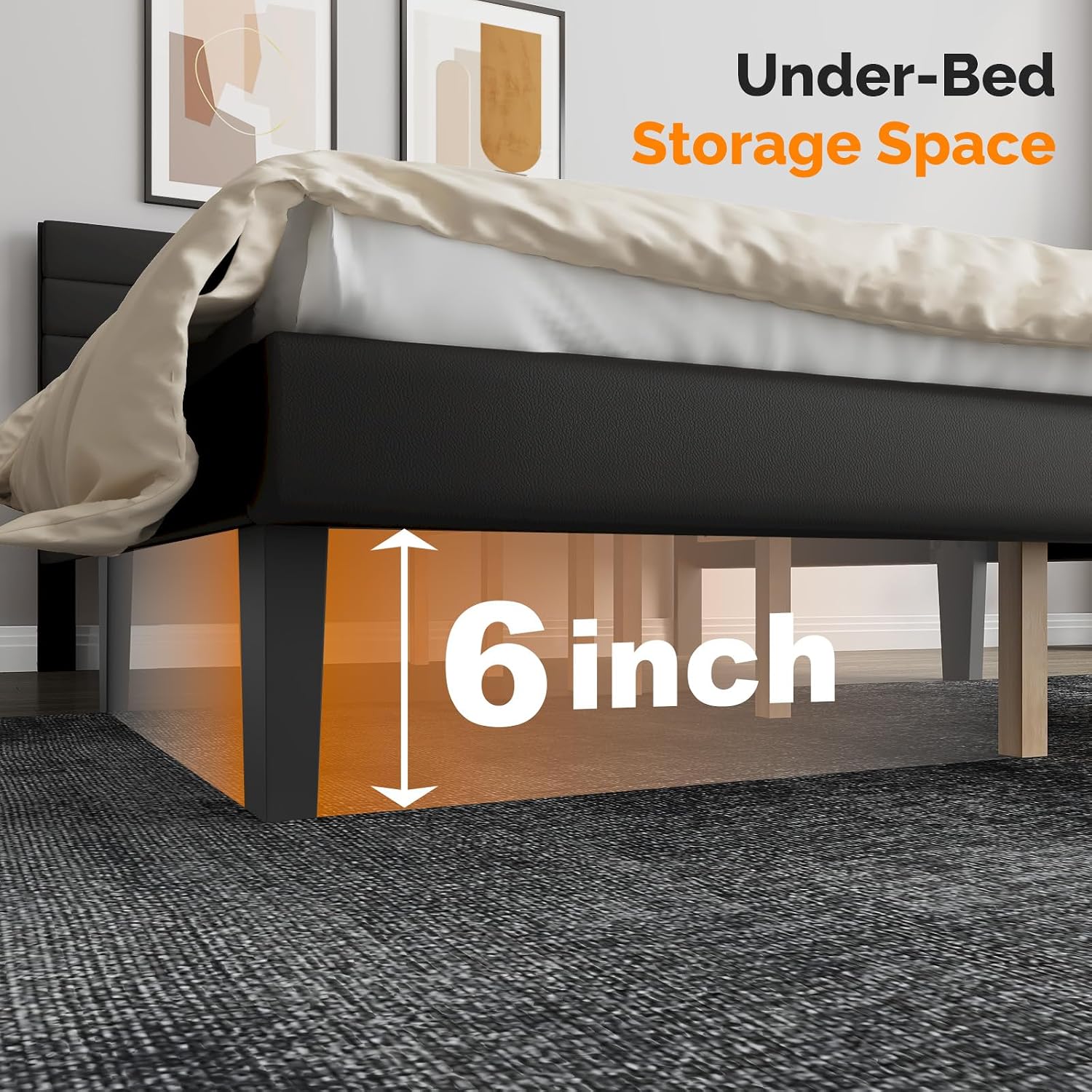 VINGLI Upholstered Bed Frame Queen, Faux Leather Platform Bed with Adjustable Headboard, Wood Mattress Foundation with Heavy Duty Slats Support,Luxury Modern,No Box Spring Needed, Black