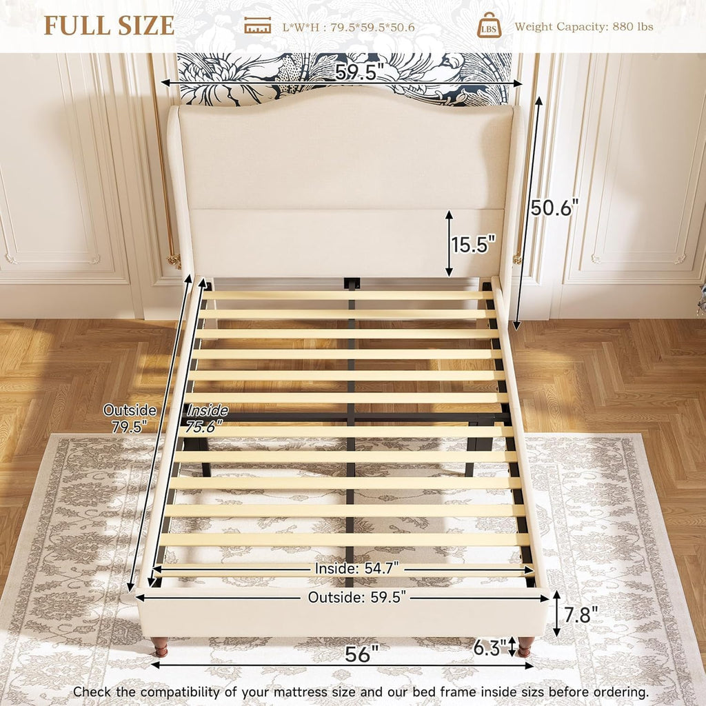 koorlian Full Size Bed Frame Upholstered Platform Bed with 51' Tall Headboard Wingback, Soft Fabric, Retro Simple Style Platform Bed No Box Spring Needed, Easy Assembly, Beige