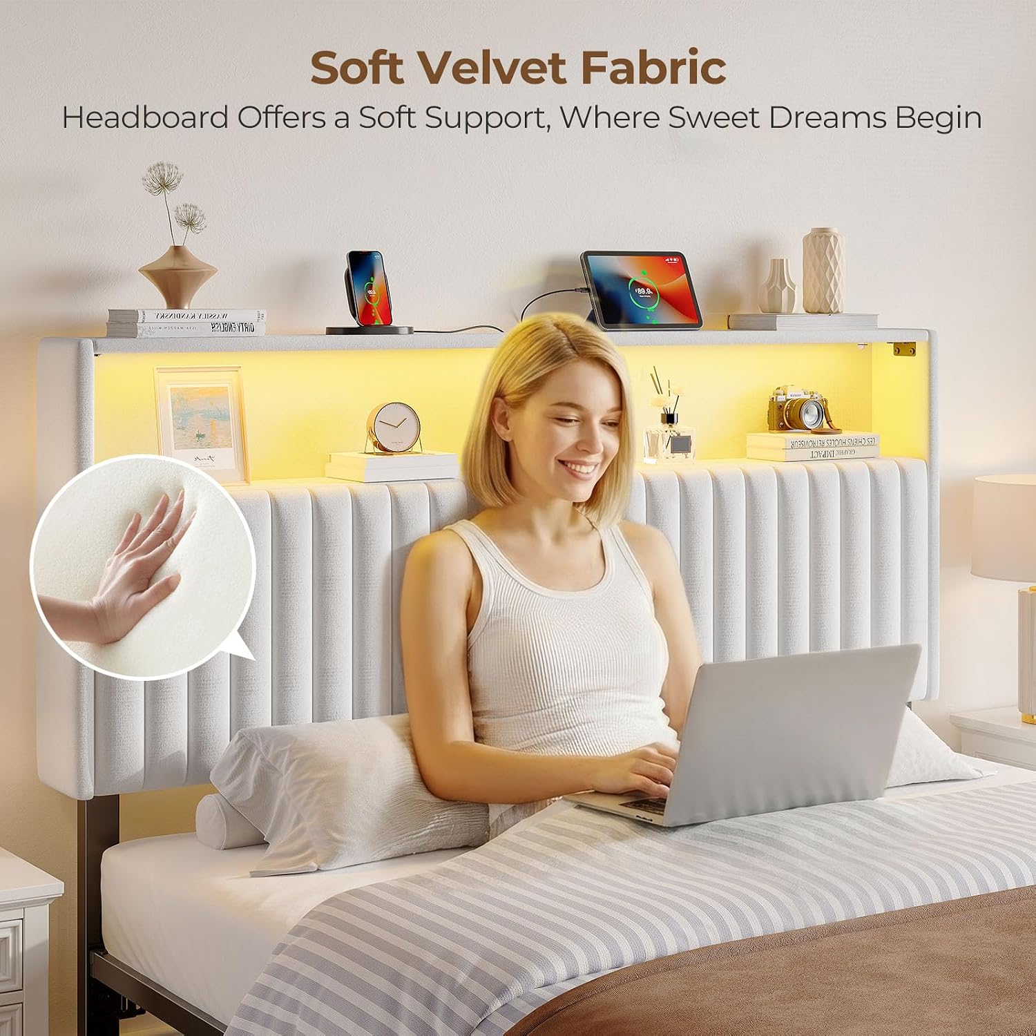 Rolanstar Headboard for Queen Size Bed with Storage, 60,000 DIY Color of LED Light, Head Board with USB & Type C Port, Height Adjustable, Velvet Upholstered, Comfortable Modern, Light White