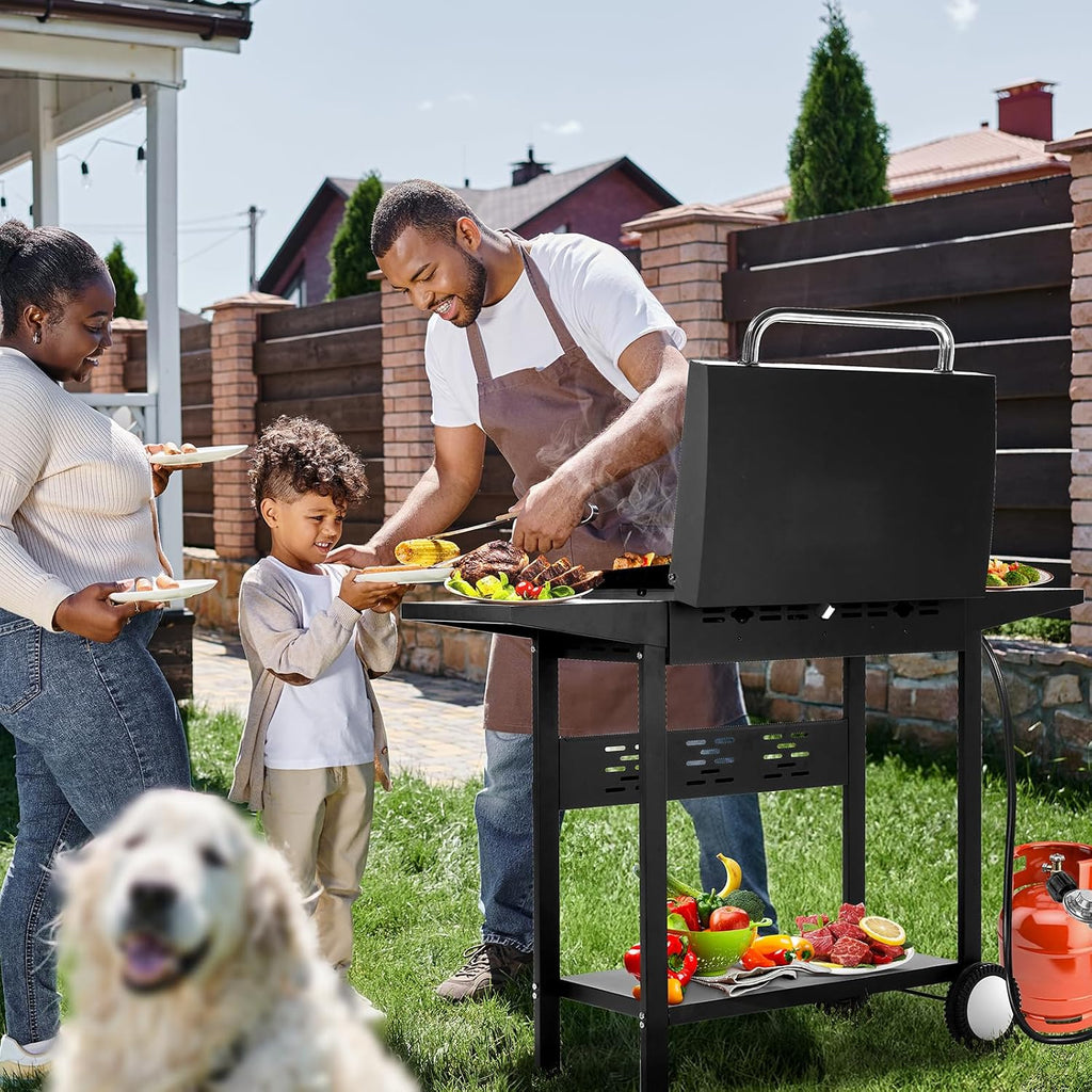 Portable 3-Burner Flat Top Gas Griddle with Side Shelves and Spice Rack, Cooking Station with Ceramic Coated Cast Iron Pan, 30000 BTU Propane Tabletop Griddle for Outdoor Barbecue, Grilling