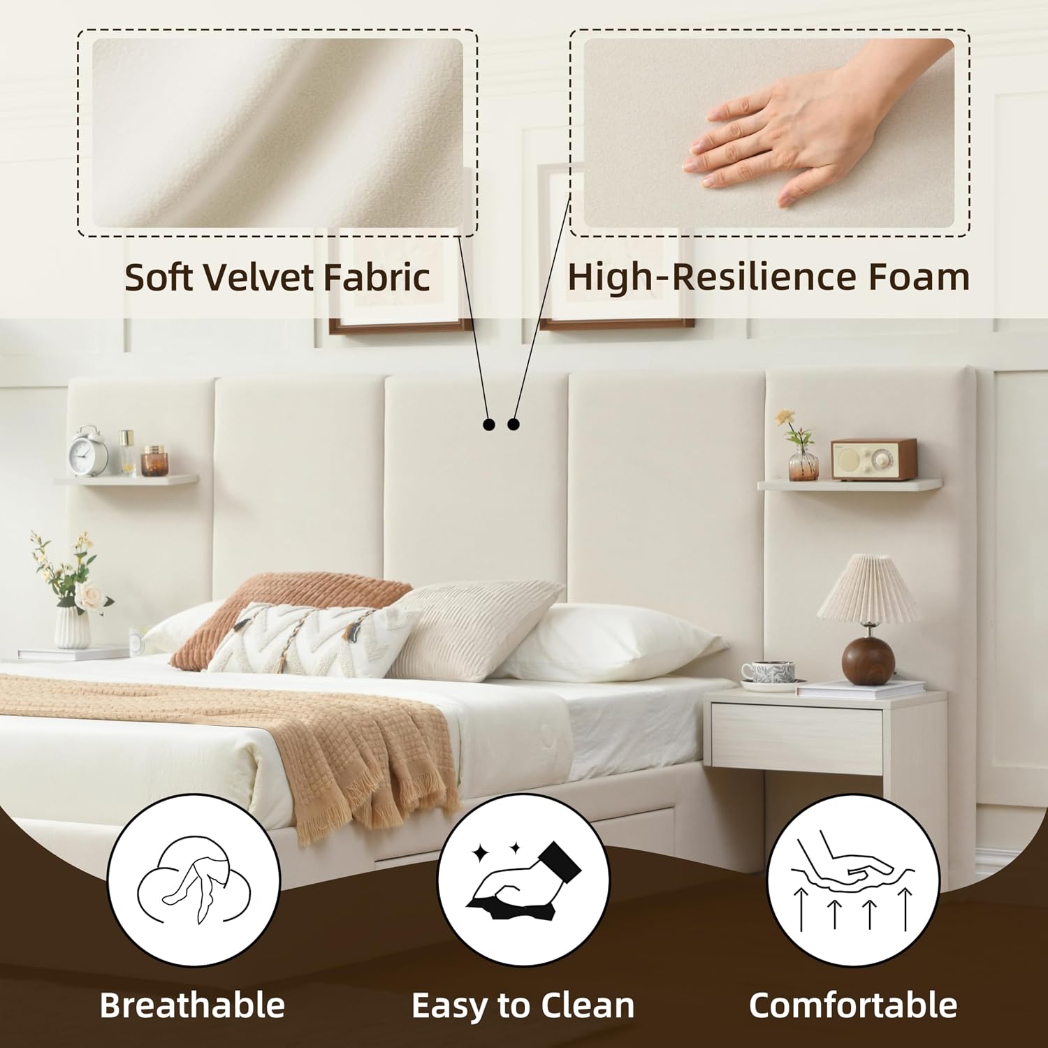 Queen Bed Frame with Storage & Built-in Nightstands, Velvet Upholstered Platform Bed Frame with Drawers & 2 Floating Storage Shelves, Noise-Free, No Box Spring Needed, Easy Assembly, Beige
