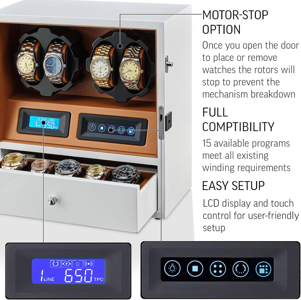 4 Watch Winder with 5 Watch Storage Space, LCD Display, Touch Control and Interior Light
