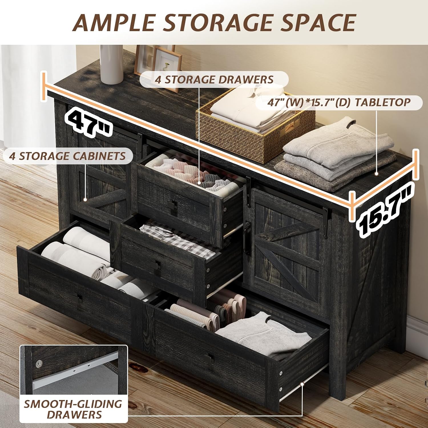 LUXOAK 3 Pieces Bedroom Set - Includes 60' Farmhouse Dresser, 48' Chest of Drawers with Sliding Barn Doors, 48' Tall Storage Cabinet with 5 Drawers, Oak Black