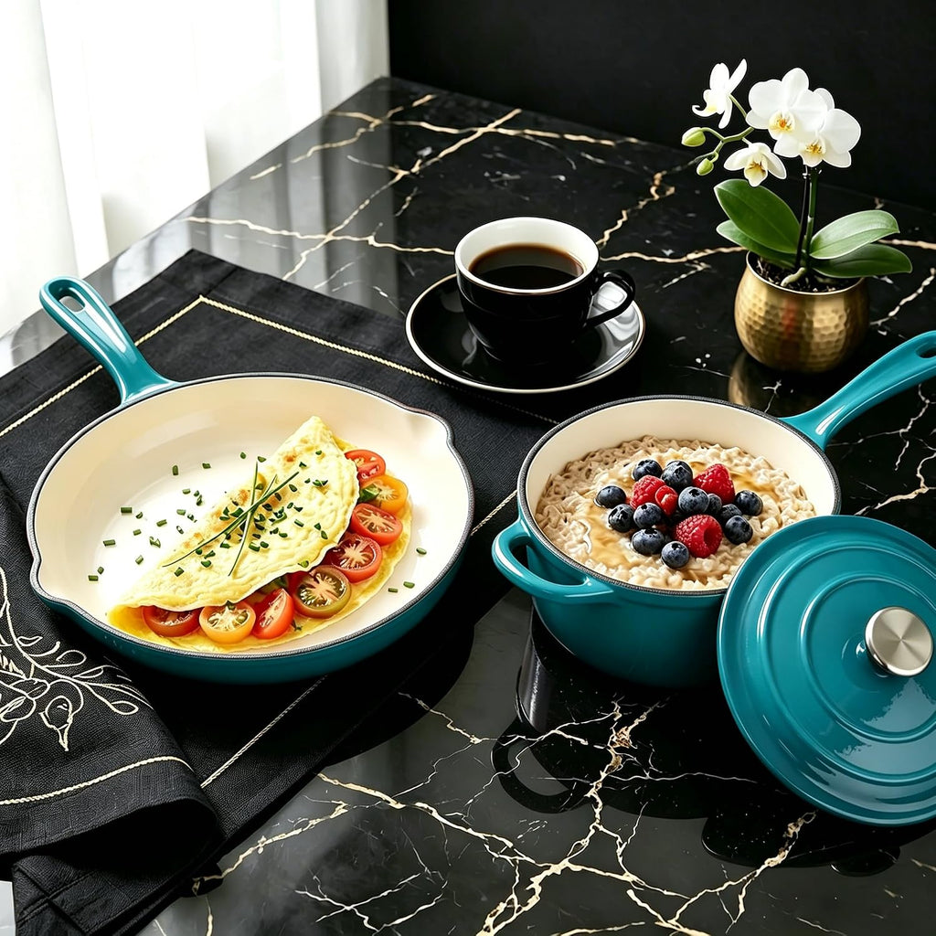 QuliMetal Enameled Cast Iron Cookware Set, 4-Piece Pots and Pans Set with Lids, 10.25' Skillet, 2QT Saucepan, 2.8QT & 4.8QT Dutch Ovens, Oven Safe to 500°F, All Stovetops Compatible - Teal