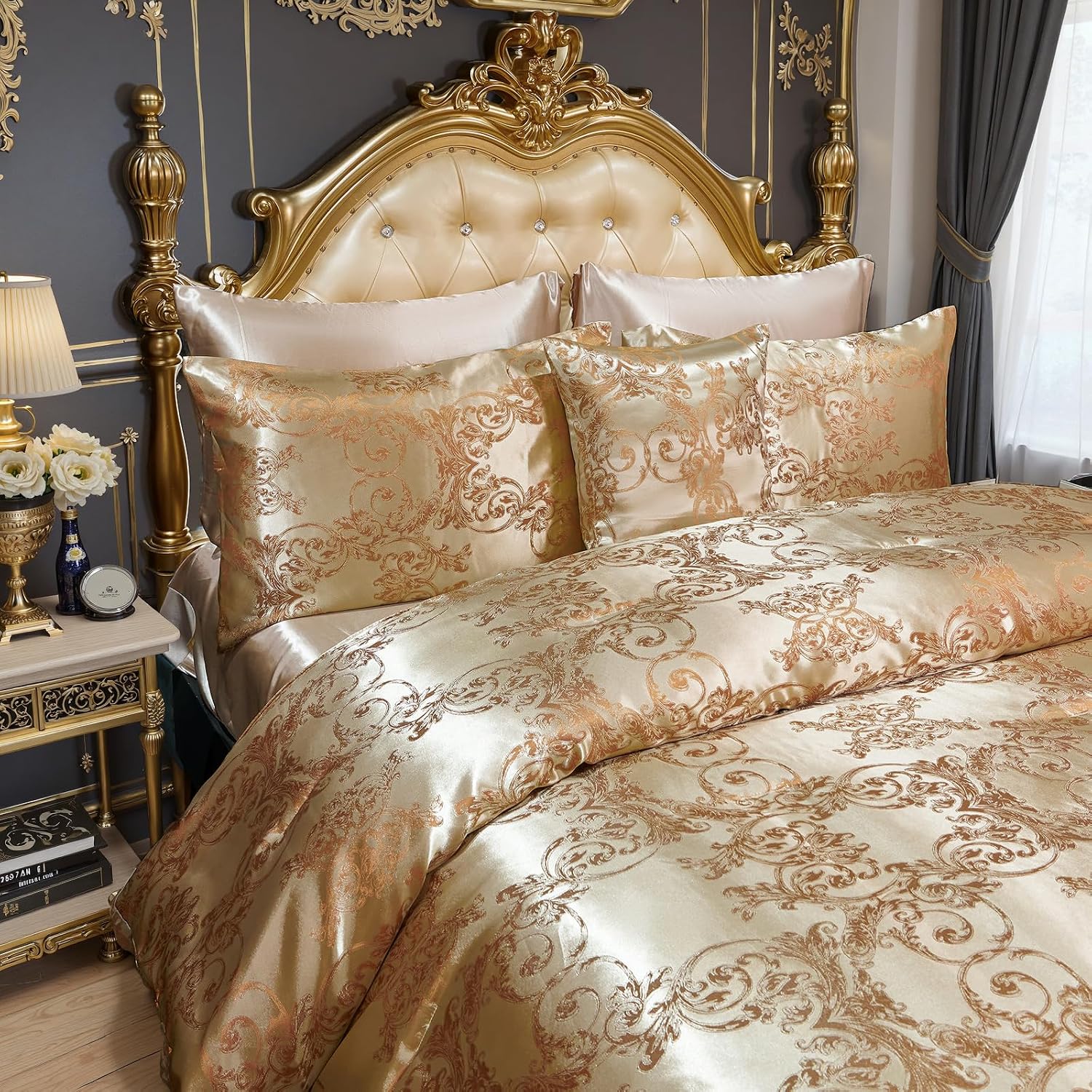 King Size 8-Piece Jacquard Comforter Set with Satin Sheets Set – Elegant Coordinated Bedding Collection for Bedroom Gold Bed-in-a-Bag