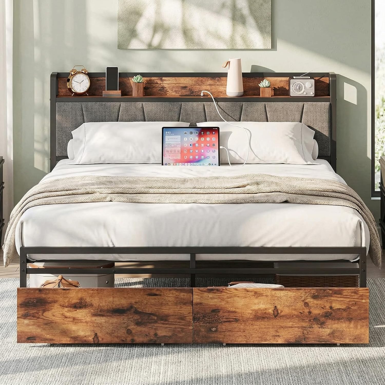 LIKIMIO Queen Bed Frame, Storage Headboard with Charging Station, Platform Bed with Drawers, No Box Spring Needed, Easy Assembly, Vintage Brown and Gray