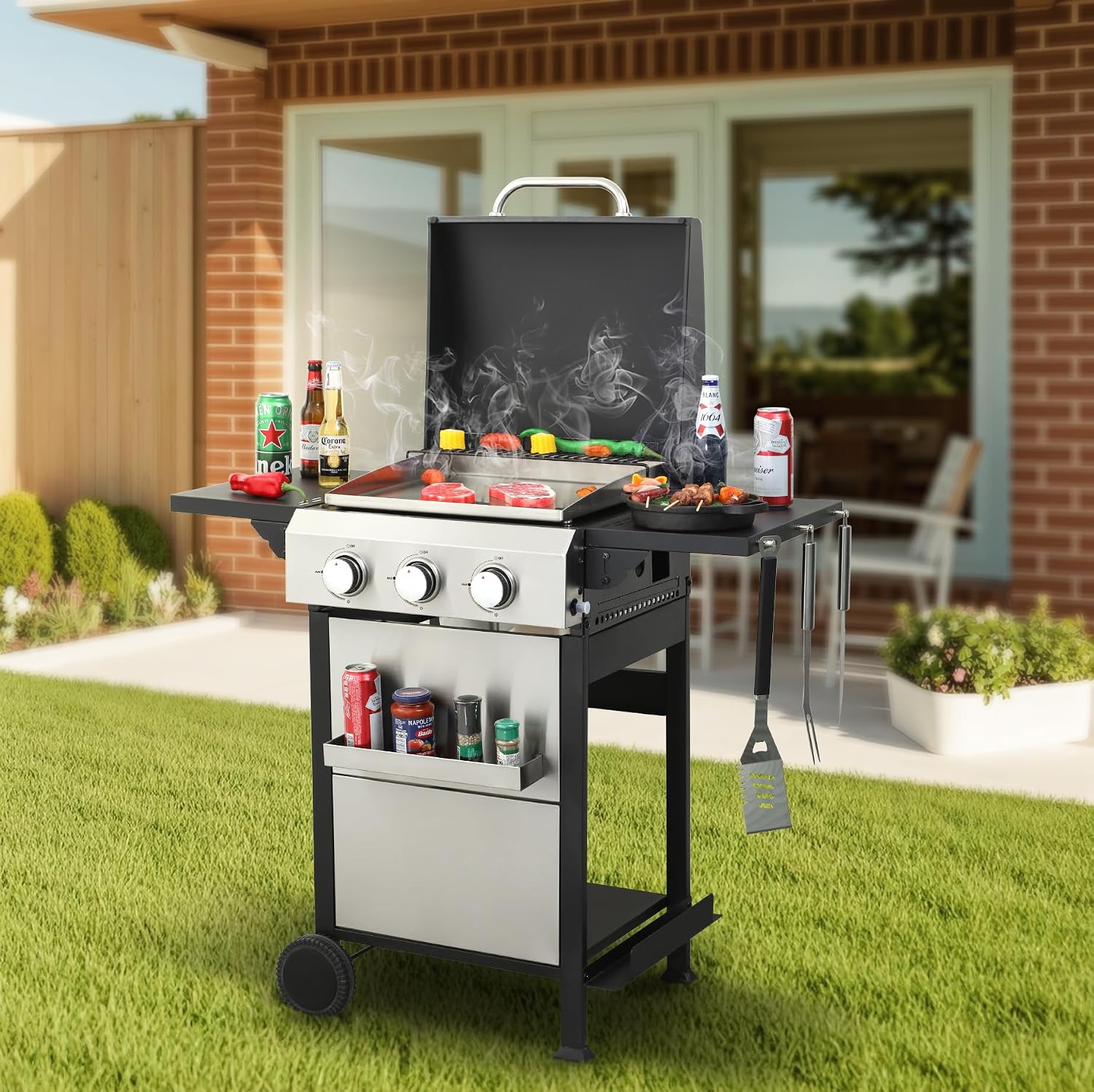 3-Burner Propane Gas BBQ Grill, Portable Outdoor Grill with Stainless Steel Plancha and 36900 BTU Output, Foldable Side Table & Hanging Baskets, Gas for Backyard, Camping and Tailgating (45 IN)